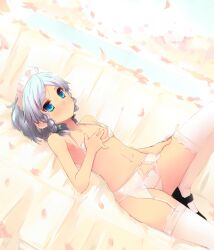  bare_arms bare_shoulders blue_eyes blush bow bra braid closed_mouth dutch_angle female flat_chest garter_belt green_ribbons grey_hair hair_ribbon hairbow hand_on_own_chest izayoi_sakuya leg_up lingerie looking_at_viewer lying maid_headdress navel on_back panties petals ribbon shin_(new) solo strap_gap thighhighs touhou tress_ribbon twin_braids underwear underwear_only white_bra white_panties white_thighhighs 