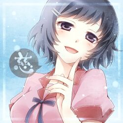  black_eyes black_hair commentary_request female hair_ornament hairclip hanekawa_tsubasa lowres monogatari_(series) naoetsu_high_school_uniform nisemonogatari open_mouth school_uniform shima_riu short_hair smile solo 