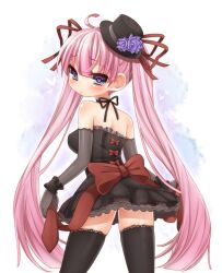  black_legwear blush breasts detached_sleeves female frown hat heart inuue_kiyu lolita_fashion long_hair looking_back open_mouth original pink_hair purple_eyes ribbon solo symbol-shaped_pupils thighhighs twintails very_long_hair wrist_cuffs 