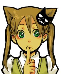  animal_ears bad_id bad_pixiv_id brown_hair cat_ears female finger_to_mouth green_eyes kemonomimi_mode lowres maka_albarn shirou_(vista) solo soul_eater twintails 