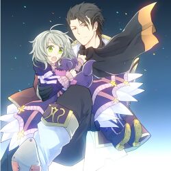  1boy alvin_(tales) ascot black_hair blonde_hair blue_background boots brown_eyes carrying coat commentary_request elize_lutus female fuku_(alexia0108) green_eyes knee_boots pants princess_carry purple_footwear short_hair smile surprised tales_of_(series) tales_of_xillia teepo_(tales) 