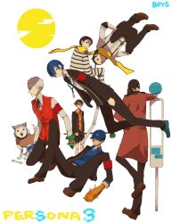  6+boys amada_ken animal aragaki_shinjirou armband bad_id bad_pixiv_id beanie black_hair blue_eyes blue_hair bow brown_eyes brown_hair canine coat digital_media_player gekkoukan_high_school_uniform grey_hair hat headphones iori_junpei koromaru_(persona) male_focus mochizuki_ryouji multiple_boys persona persona_3 pharos red_eyes ribbon sanada_akihiko school_uniform simple_background soul126 suspenders sweatdrop trench_coat yuuki_makoto_(persona_3) 