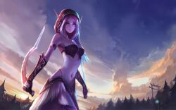  arm_band armband armor bikini_armor chenbo cloud clouds elf female forest highres knife lips looking_at_viewer multicolored_hair nature navel outdoors pointy_ears purple_hair signature sky smile solo standing torii tree trees wallpaper warcraft warrior weapon white_hair world_of_warcraft 