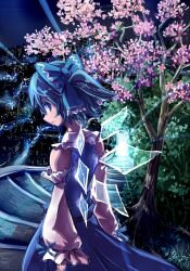  bare_shoulders blue_eyes blue_hair cherry_blossoms cirno commentary_request detached_sleeves female from_behind highres ice ice_wings looking_back same_2009 solo stairs touhou tree wings 