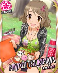  :d artist_request bento breasts brown_eyes brown_hair card_(medium) cardigan character_name cleavage dress female flower flower_(symbol) hair_ornament hairclip idolmaster idolmaster_cinderella_girls jewelry medium_breasts necklace official_art open_mouth picnic short_hair sitting smile solo star_(symbol) tsukimiya_miyabi 