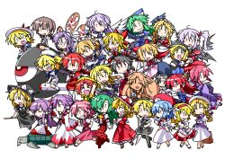  &gt;_&lt; 1boy 6+girls =_= alice_margatroid alice_margatroid_(pc-98) arms_up asakura_rikako ascot asymmetrical_hair bandages black_dress black_hair blonde_hair blue_eyes blush bow braid breasts briefcase broom broom_riding cleavage closed_eyes commentary_request cuffs dress dress_shirt drill_hair ellen_(touhou) elly_(touhou) everyone evil_eye_sigma feline gengetsu_(touhou) genjii_(touhou) glasses green_eyes green_hair grey_hair grin hair_bobbles hair_ornament hair_over_one_eye hair_ribbon hairband hairbow hakama hakama_skirt hakurei_reimu hakurei_reimu_(pc-98) handcuffs hat hemogurobin_a1c highly_responsive_to_prayers horns japanese_clothes kazami_yuuka kazami_yuuka_(pc-98) kikuri_(touhou) kirisame_marisa kirisame_marisa_(pc-98) kitashirakawa_chiyuri konngara_(touhou) kotohime_(touhou) light_purple_hair long_hair lotus_land_story louise_(touhou) mai_(touhou) maid maid_headdress medium_breasts meira_(touhou) mima_(touhou) mimi-chan mugetsu_(touhou) multiple_girls mystic_square oerba_yun_fang okazaki_yumemi open_mouth orange_(touhou) pants phantasmagoria_of_dim.dream pink_eyes pink_hair plaid plaid_pants plaid_vest ponytail purple_hair red_eyes red_hair ribbon rika_(touhou) sara_(touhou) sariel_(touhou) scythe shingyoku_(female) shingyoku_(male) shingyoku_(touhou) shinki_(touhou) shirt short_hair side_ponytail single_horn skirt sleeves_past_wrists small_breasts smile smirk sokrates_(touhou) star_(symbol) story_of_eastern_wonderland sword touhou touhou_(pc-98) transparent_background turtle twin_braids twin_drills twintails two_side_up umbrella vest wand weapon wings yellow_eyes yuki_(touhou) yumeko_(touhou) yuugenmagan 