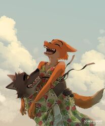  anthro canid canine canis closed_eyes clothed clothing cloud diane_foxington digital_media_(artwork) dreamworks duo eyebrow_piercing facial_piercing female fox fur happy hi_res hug male mammal mr._wolf_(the_bad_guys) nosugarnohoney orange_body orange_fur piercing sky skyscape smile the_bad_guys wolf 