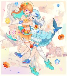  2girls :d absurdres ai_kotoba_iii_(vocaloid) album_cover alternate_costume aqua_footwear aqua_hair aqua_ribbon bare_shoulders blue_dress blue_eyes blue_flower blue_footwear blue_headwear border cover dress english_text fish_tail flower gawr_gura grey_hair hair_flower hair_ornament highres hololive hololive_english hug midriff multiple_girls navel open_mouth orange_flower orange_hair orange_shirt orange_skirt photo_(object) puffy_shorts purple_eyes ribbon shark_tail sharp_teeth shirt shoes shorts skirt smile socks tail takanashi_kiara teeth thighhighs virtual_youtuber white_border white_socks white_thighhighs yunare 