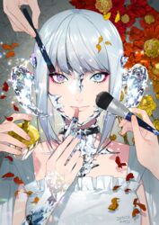  3others applying_makeup au_ra blue_eyes blue_nails bottle brush crystal dated dragon_girl dragon_horns eyeshadow falling_petals female final_fantasy final_fantasy_xiv fingernails flower freesia_(flower) gem gradient_flower grey_hair hand_up heterochromia highres holding horns jewelry kurono_yuu lipstick makeup medium_hair multiple_others necklace orange_flower orange_petals perfume_bottle petals pink_lips purple_eyes red_flower red_petals scabiosa_(flower) scales smile sparkle warrior_of_light_(ff14) yellow_flower yellow_petals 