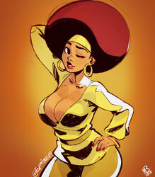  afro arm_behind_head arm_up belt big_hair black_dynamite black_eyes breasts brown_hair cleavage collarbone commentary contrapposto dark-skinned_female dark_skin earrings english_commentary eymbee female gold_earrings hand_on_own_hip headband highres honey_bee_(black_dynamite) hoop_earrings jewelry large_breasts lipstick looking_at_viewer makeup nail_polish no_bra one_eye_closed pants plunging_neckline solo standing sweater thick_eyebrows very_dark_skin yellow_headband yellow_pants yellow_sweater 