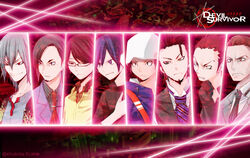  6+boys angry beanie beard black_hair blue_eyes blue_hair brown_eyes brown_hair city clenched_teeth column_lineup devil_survivor everyone facial_hair formal frown glasses glowing goatee grey_eyes grey_hair hair_between_eyes hand_on_own_chest hat headphones highres honda_yasuyuki hood hoodie kamiya_eiji kihara_atsurou loki_(devil_survivor) looking_away male_focus multiple_boys naoya_(devil_survivor) necktie nikaidou_tadashi official_art official_wallpaper parted_bangs protagonist_(devil_survivor) red_eyes shirt sideburns smile striped_clothes striped_shirt suit sweatdrop takagi_keisuke teeth upper_body yasuda_suzuhito 