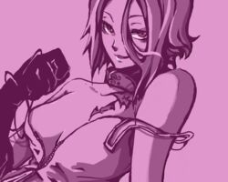  breasts choker cleavage collar commentary_request devil_survivor female gloves harusawa_yoshino koq medium_breasts off_shoulder short_hair solo strap_slip tattoo unzipped zipper 