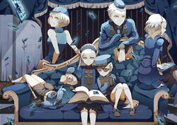  1boy 5girls armband black_gloves blonde_hair blue_hairband braid brother_and_sister caroline_(persona_5) closed_eyes commentary_request couch double_bun dress dual_persona elizabeth_(persona) eyepatch gloves hair_bun hairband hat highres justine_(persona_5) lavenza_(persona_5) long_hair margaret_(persona) multiple_girls necktie persona persona_3 persona_3_portable persona_4 persona_4:_the_ultimate_in_mayonaka_arena persona_5 roxan short_hair siblings single_hair_bun sisters smile spoilers theodore_(persona) twins velvet_room white_hair yellow_eyes 