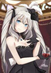  black_dress black_flower black_gloves black_ribbon black_rose blue_eyes breasts cleavage closed_mouth commentary cup dress drinking_glass fate/grand_order fate_(series) female flower gloves grey_hair highres jewelry k-rumi long_hair looking_at_viewer marie_antoinette_(fate) marie_antoinette_(formal_dress)_(fate) medium_breasts necklace no_headwear official_alternate_costume ribbon rose smile solo twintails very_long_hair wine_glass 