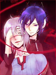  &gt;:) 2boys :d ahoge black_cape cape closed_mouth collarbone covering_own_eyes dark_background devil_survivor grey_hair hand_on_another&#039;s_head headphones long_sleeves male_focus multiple_boys naoya_(devil_survivor) nazumi_(sepaseri) open_mouth protagonist_(devil_survivor) purple_eyes purple_hair shirt smile striped_clothes striped_shirt upper_body v-shaped_eyebrows vertical-striped_clothes vertical-striped_shirt zipper 