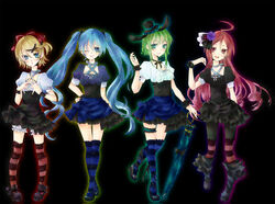  4girls ahoge aqua_eyes aqua_hair blonde_hair blue_thighhighs boots bridal_garter commentary_request dress green_eyes green_hair gumi hair_ornament hairclip hand_on_own_hip hatsune_miku kagamine_rin long_hair mary_janes multiple_girls one_eye_closed over-kneehighs pink_legwear red_eyes red_hair sf-a2_miki shoes short_hair simple_background striped_clothes striped_thighhighs thighhighs twintails umbrella very_long_hair vocaloid wristband yoitsukishin 