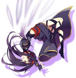  armor bad_id bad_pixiv_id black_hair breastplate female fingerless_gloves gloves hairband holding holding_sword holding_weapon long_hair obsidian_slasher pointy_ears purple_armor red_eyes shirako_miso solo sword sword_art_online tumbling very_long_hair weapon yuuki_(sao) 