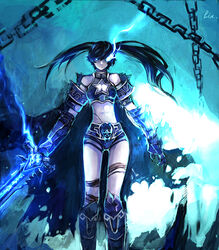  alternate_costume armor bad_id bad_pixiv_id bare_shoulders belt black_hair black_rock_shooter black_rock_shooter_(character) blue_eyes blue_theme boots cape chains electricity female flaming_eye frostmourne glowing glowing_eyes knee_boots long_hair midriff navel no_shirt photoshop_(medium) scar shorts solo stomach sword thigh_strap torn_cape torn_clothes twintails warcraft weapon zhuxiao517 