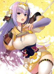  armor commentary_request curvy facial_mark female fingerless_gloves forehead_mark gloves hareno_chiame japanese_armor long_hair open_mouth panties photoshop_(medium) purple_eyes purple_hair rance_(series) running sengoku_rance senhime solo thighhighs underwear 