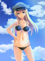  bare_shoulders bikini bismarck_(kancolle) black_bikini blonde_hair blue_eyes blue_sky breasts cloud collarbone commentary_request contrapposto cowboy_shot day female groin hands_on_own_hips hat kantai_collection long_hair looking_at_viewer medium_breasts military_hat navel peaked_cap photoshop_(medium) sky solo standing swimsuit takepon 