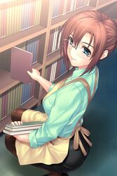  apron aqua_eyes bad_link blush book bookshelf brown_hair brown_pantyhose female from_side glasses highres imouto_ni_boukyaku_no_shitone_wo pantyhose shimano_natsume solo squatting sugimura_aoi 