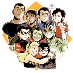  2014 3girls 6+boys :3 :8 :c ;3 ? aquaman_(series) artist_name barbara_gordon batgirl batman_(series) beast_boy_(dc) billy_batson black_hair black_shirt blonde_hair blue_beetle brown_eyes brown_hair bumble_bee cape cassandra_sandsmark clenched_teeth closed_eyes closed_mouth couple dark_skin dated dc_comics domino_mask earrings emblem eye_contact freckles garfield_logan gills green_eyes green_hair green_skin grin hairband head_fins hug jamie_reyes jewelry karen_beecher lagoon_boy long_hair looking_at_another mal_duncan mask monster_boy multiple_boys multiple_girls open_mouth orange_hair power_armor raised_eyebrow red_eyes red_shirt robin_(dc) sen_(pixiv111638) shirt short_hair sleeveless smile solid_eyes t-shirt teeth tim_drake tooth_gap v vambraces wink wonder_girl wonder_woman_(series) young_justice:_invasion 