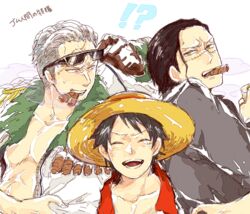  !? 3boys animal_eyes black_hair cigar fur_trim gloves hat jewelry male male_focus marine monkey_d_luffy multiple_boys nude_jacket one_piece open_clothes open_shirt pirate pixiv_manga_sample ring roga scar shichibukai shirt sir_crocodile slit_pupils smile smoker smoking straw_hat sunglasses trio white_hair yellow_eyes 