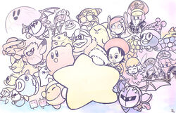  6+girls adeleine bandana_waddle_dee boxboy! chilly_(kirby) chuchu_(kirby) coo_(kirby) dark_meta_knight daroach flamberge_(kirby) flying francisca_(kirby) gooey_(kirby) hat highres kine_(kirby) king_dedede kirby kirby:_star_allies kirby_(series) magolor marx_(kirby) mask meta_knight multiple_girls nago_(kirby) painting_(medium) pitch_(kirby) plugg_(kirby) poppy_bros_jr qbby rayman_limbs ribbon_(kirby) rick_(kirby) smile susie_(kirby) suyasuyabi taranza traditional_media void_termina waddle_doo warp_star watercolor_(medium) zan_partizanne 