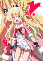  ai_wa_muteki blonde_hair cardigan commentary_request cropped_legs dress fantasy_bishoujo_juniku_ojisan_to female fingerless_gloves gloves green_eyes headgear heart highres light_blush long_hair looking_at_viewer microdress neck_ribbon oerba_yun_fang panties pantyshot red_ribbon ribbon tachibana_hinata_(fabiniku) underwear white_panties 