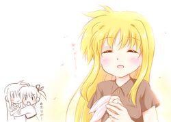  2girls ahoge black_ribbon black_shirt blonde_hair blush buttons casual chibi closed_eyes collared_shirt commentary_request couple fate_testarossa hair_ribbon happy hug kerorokjy long_hair lyrical_nanoha mahou_shoujo_lyrical_nanoha multiple_girls open_mouth partially_colored pink_ribbon possessive ribbon school_uniform shirt short_twintails simple_background smile takamachi_nanoha tears tongue translated twintails two-tone_background uniform yuri 