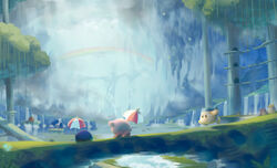  bandana bandana_waddle_dee blue_bandana blue_sky bridge cave cloud commentary_request con_(kirby) fatty_whale gator_(kirby) gooey_(kirby) highres jungle_bomb kirby kirby:_star_allies kirby_(series) lake maxim_tomato mushroom no_humans outdoors plant pon_(kirby) rainbow sky stalactite stalagmite star_(symbol) suyasuyabi tree ufo_(kirby) umbrella vines waddle_dee water waterfall 