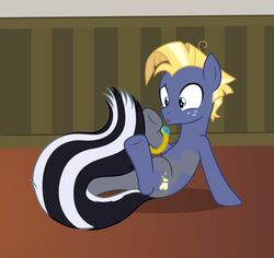  alternate_species badumsquish blonde_hair blue_eyes bracelet equid equine freckles friendship_is_magic hair hasbro hi_res horse hybrid inside jewelry male mammal mephitid my_little_pony pony sitting skunk skunk_tail solo star_tracker_(mlp) transformation 