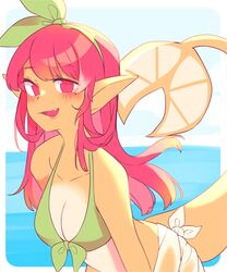  5:6 absurd_res accessory amarella_(gaziter) animal_humanoid bent_over blush breasts cleavage clothed clothing digital_media_(artwork) female fish fish_humanoid green_bikini_top hair hair_accessory hair_ribbon hi_res humanoid humanoid_pointy_ears lemon_shark long_hair marine marine_humanoid marshmallowgoblin non-mammal_breasts red_eyes red_hair requiem_shark ribbons shark smile solo topwear yellow_body 