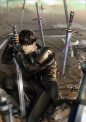  1boy axe bad_id bad_pixiv_id black_eyes black_footwear black_gloves black_hair black_jacket black_pants blurry blurry_foreground boots commentary_request crack day fingerless_gloves gloves holding holding_sword holding_weapon jacket kkulppangg korean_commentary male_focus on_one_knee outdoors pants photoshop_(medium) planted planted_axe planted_sword sword weapon 