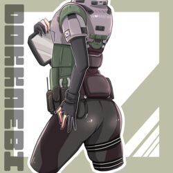  absurdres armor artist_glove ass belt black_gloves black_nails black_pants character_name commentary_request dokkaebi_(rainbow_six_siege) female gloves head_out_of_frame highres korean_text long_sleeves pants partially_fingerless_gloves rainbow_six_siege simple_background solo standing tablet_pc udondon18 utility_belt 