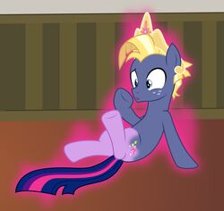  alternate_form badumsquish blonde_hair blue_eyes crown cutie_mark equid equine freckles friendship_is_magic glowing hair hasbro headgear hi_res horse inside magic male mammal my_little_pony pony sitting solo star_tracker_(mlp) tiara transformation twilight_sparkle_(mlp) 