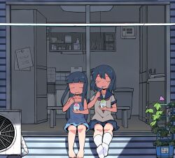  2girls air_conditioner barefoot blue_hair blush_stickers closed_eyes commentary cutting_board food haiteku hime_cut kitchen kneehighs kotatsu long_hair multiple_girls original plant school_uniform serafuku shaved_ice sitting smile socks summer table 