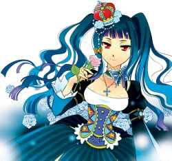  arched_crown bad_id bad_pixiv_id blue_hair breasts choker cleavage corset cross crown female flower flower-trimmed_crown jewelry large_breasts long_hair mini_crown necklace original red_crown rose solo toba_k 