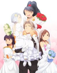  1boy 4girls ^_^ ace_attorney_investigations alternate_costume alternate_hairstyle ascot badge bare_shoulders black_eyes black_hair blue_eyes blue_flower blue_hair blue_rose blunt_bangs blush boots bouquet bridal_veil brown_eyes brown_hair carrying choker closed_eyes commentary_request dress elbow_gloves ema_skye flower formal glasses gloves grey_hair gyakuten_saiban hair_flower hair_intakes hair_ornament hair_ribbon happy heart high_heels high_ponytail itou_(mogura) jewelry karuma_mei kay_faraday knee_boots kneehighs long_dress long_hair looking_down magatama maya_fey miles_edgeworth multiple_girls necklace open_mouth outline pink_flower pink_rose pointing pointing_at_self polygamy ponytail puffy_sleeves red_flower red_rose ribbon rose shoes short_sleeves shoulder_carry sleeveless sleeveless_dress smile socks suit sweat swept_bangs teeth topknot tuxedo unworn_eyewear v_arms veil wedding_dress white_flower white_gloves white_hair white_rose yellow_flower yellow_legwear yellow_rose 