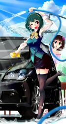  2girls :d :o amami_haruka black_legwear bow brown_hair car commentary_request green_eyes green_hair hairband hairbow highres hose idolmaster idolmaster_(classic) leg_up mistrail mole mole_under_mouth motor_vehicle multiple_girls one_eye_closed open_mouth otonashi_kotori pencil_skirt red_eyes shoe_dangle short_hair skirt sleeves_rolled_up smile thighhighs umbrella vest volkswagen volkswagen_polo washing washing_vehicle water wet wet_clothes 