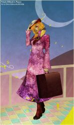  alternate_costume artist_name bad_deviantart_id bad_id blonde_hair boots commentary dizmathik dress female full_body hair_over_one_eye hat holding holding_suitcase long_sleeves looking_up louise_(touhou) photoshop_(medium) pink_dress purple_dress short_hair solo suitcase touhou touhou_(pc-98) twintails watermark 