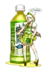  alternate_color alternate_costume bottle commentary_request expressionless female geta green_eyes green_tea hand_fan hat hauchiwa leaf looking_at_viewer low_wings name_connection object_namesake oso_(toolate) pointy_ears shameimaru_aya shirt short_hair skirt solo striped_clothes striped_shirt striped_skirt tea tengu-geta tokin_hat touhou white_hair wings 