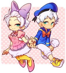  1boy adapted_costume animification beret blue_eyes bow bracelet commentary daisy_duck disney donald_duck earrings female hairbow hat high_heels humanization jewelry kiri_futoshi nail_polish one_eye_closed pantyhose pink_eyes polka_dot sailor shoes smile sneakers white_hair yellow_legwear 