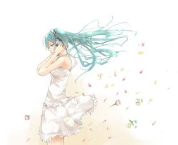  aqua_eyes aqua_hair bad_id bad_pixiv_id dress eida@renshuuchuu female floating_hair flower hands_on_headphones hatsune_miku headphones long_hair petals profile solo vocaloid white_dress 