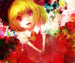  bad_id bad_pixiv_id blonde_hair blood blood_in_mouth crystal female flandre_scarlet from_above hair_ribbon kusumoto_touka no_headwear puffy_sleeves red_eyes ribbon short_hair short_sleeves side_ponytail solo touhou v_arms wings 