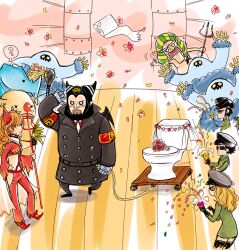  2girls black_hair blonde_hair blush cape confetti domino_(one_piece) flower hair_over_eyes hannyabal hat horns impel_down magellan monster multiple_boys multiple_girls one_piece polearm rhino rhinoceros sadi-chan spoken_question_mark sunglasses toilet trident uniform weapon wedding 