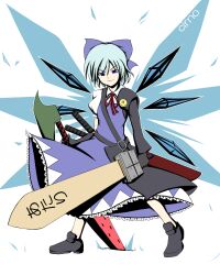  adapted_costume advent_cirno blue_eyes blue_hair bow character_name cirno commentary_request dual_wielding female gloves hairbow holding ice ice_wings long_sleeves nitoro-star photoshop_(medium) puffy_sleeves short_sleeves smile solo sword touhou weapon wings 