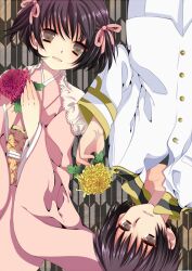  1boy axis_powers_hetalia black_eyes black_hair chrysanthemum commentary_request dual_persona female flower genderswap_(mtf) hair_ribbon holding japan_(hetalia) japanese_clothes kimono neko_(natsuiroclassic) ribbon rule_63 short_hair uniform 