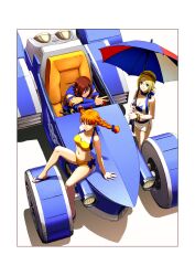  1boy 2girls aika_(eternal_arcadia) bad_id bad_pixiv_id blonde_hair braid breasts brown_eyes brown_hair car cleavage eternal_arcadia eyepatch fina_(eternal_arcadia) green_eyes kyotuka long_hair medium_breasts motor_vehicle multiple_girls navel on_vehicle orange_eyes orange_hair parasol race_queen shadow sitting sonic_&amp;_all-stars_racing_transformed sonic_(series) twin_braids umbrella vehicle_focus vyse 