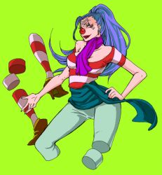  blue_hair buggy_the_clown clown_nose cravat crossbones detached disembodied_limb dismembered facial_mark facial_markings female female full_body green_background hand_on_hip hips looking_at_viewer one_piece pirate pixiv_thumbnail ponytail red_eyes resized rule_63 sash scarf shirt simple_background solo striped striped_legwear striped_shirt 